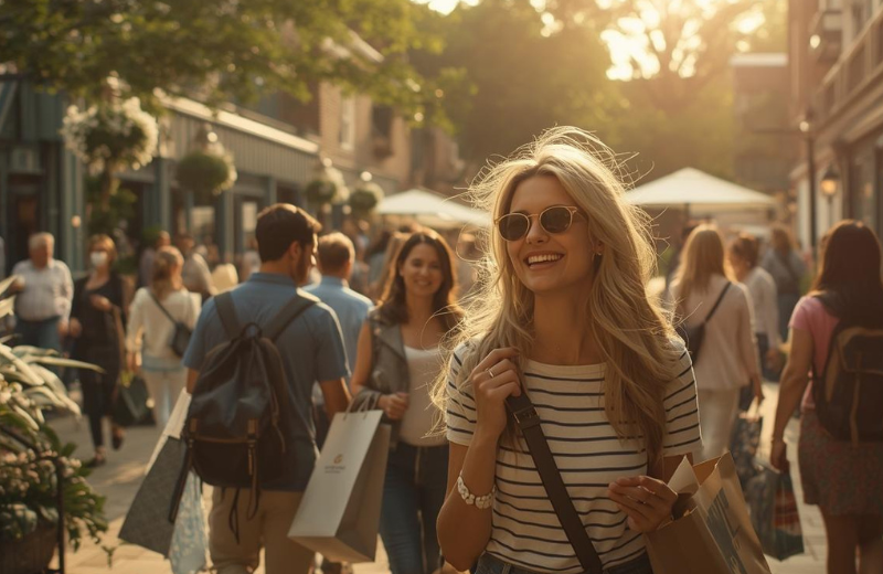 A smiling woman enjoying a luxury shopping spree at Bicester Village designer outlet, highlighting the vibrant atmosphere and the convenience of a day trip from London.