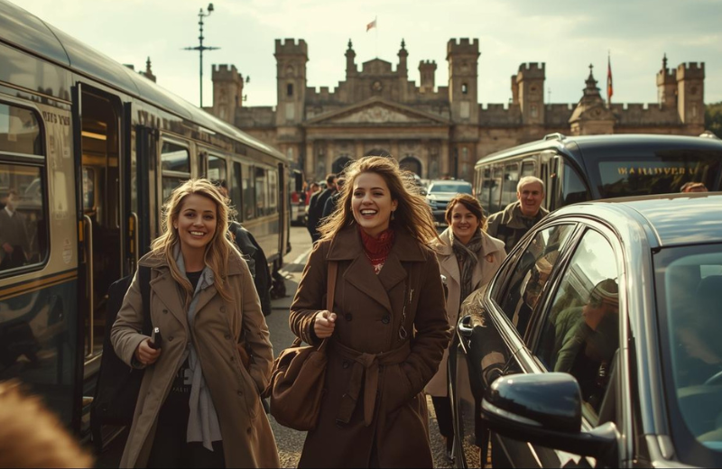 Smiling travelers walking toward the historic entrance of Hampton Court Palace with a train, a bus, and a private car in view, illustrating different ways to get to the palace