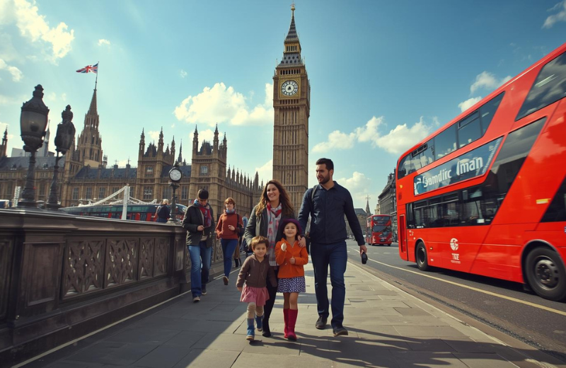 A happy family walking across Westminster Bridge with Big Ben and a red double-decker bus in the background while exploring London.